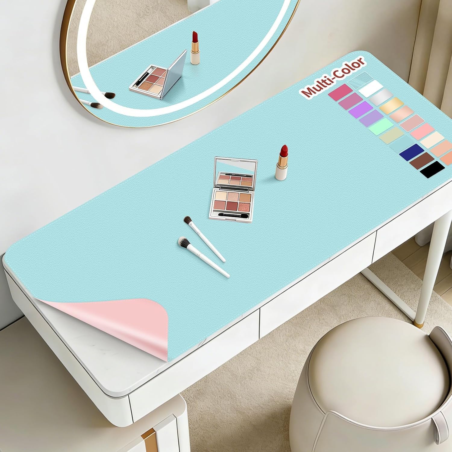 Dressing Table Mat Protector for Makeup Vanity, 80x40cm, Blue and Pink — image 1