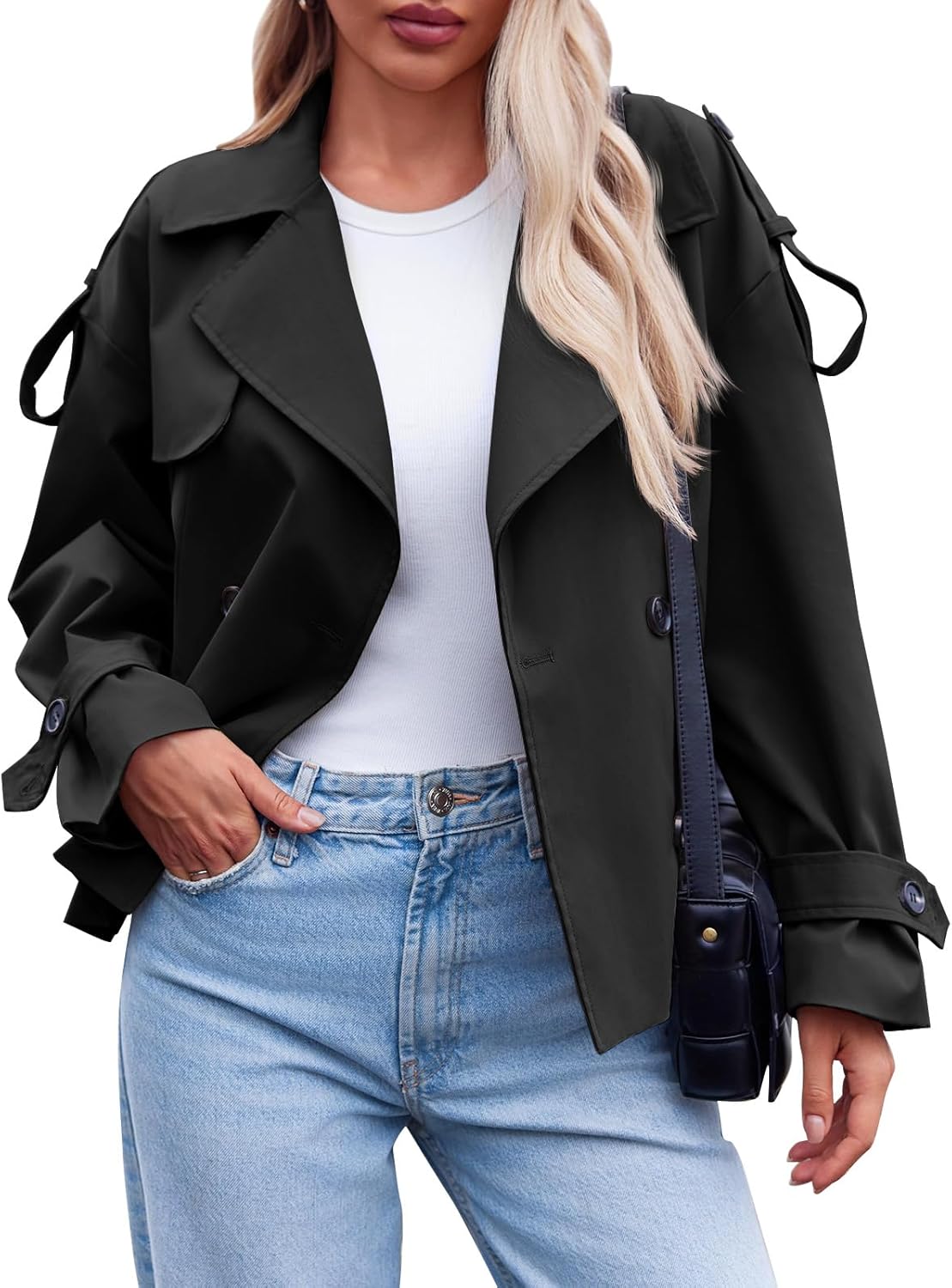 Tankaneo Womens Cropped Trench Coat Casual Double Breasted Short Jacket Fall Fashion Outerwear with Belt - Image 6