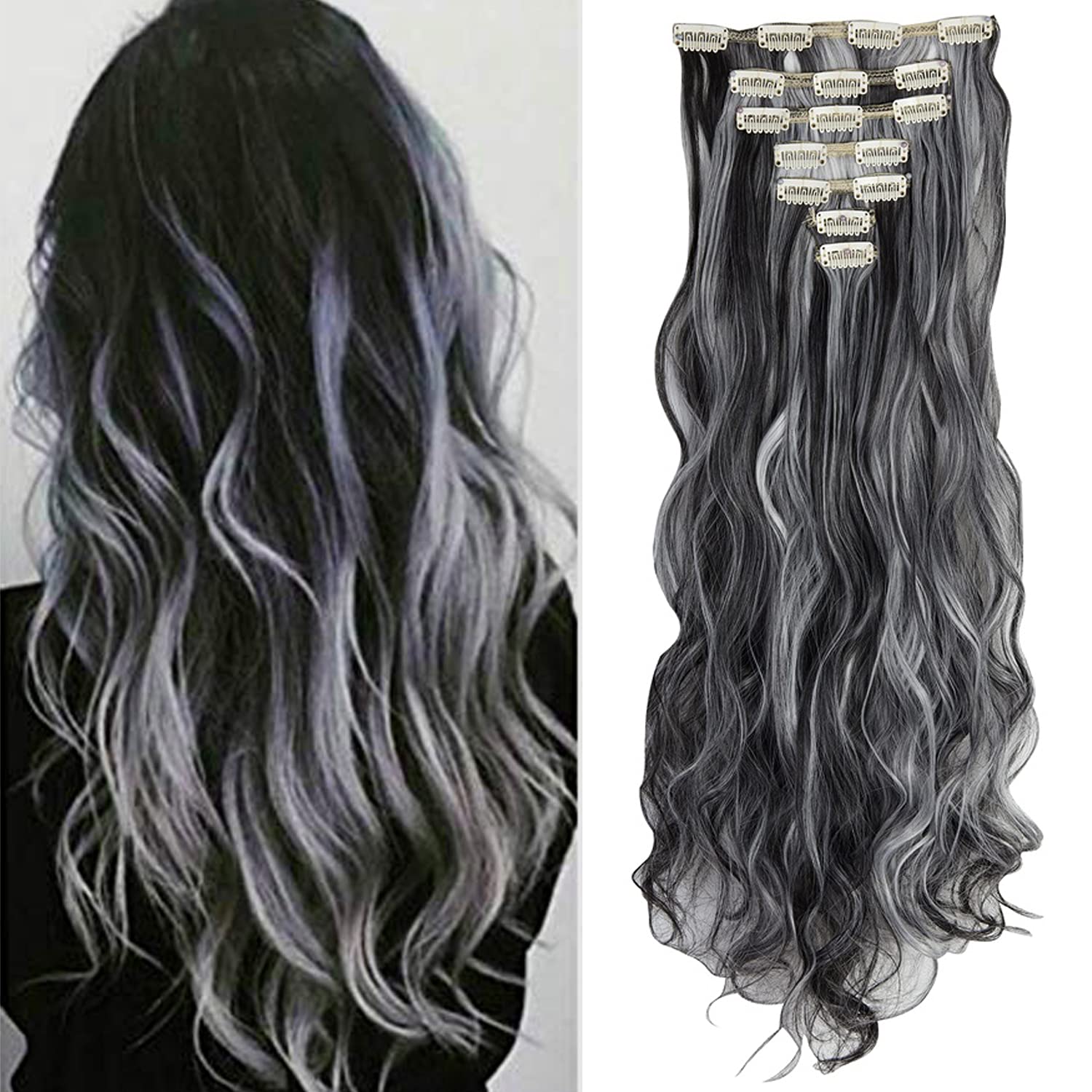 7PCS Thick Curly Wavy Full Head Clip on in Hair Extensions Double Weft Synthetic Hairpieces for Women, Natural Black Mix Silver Grey