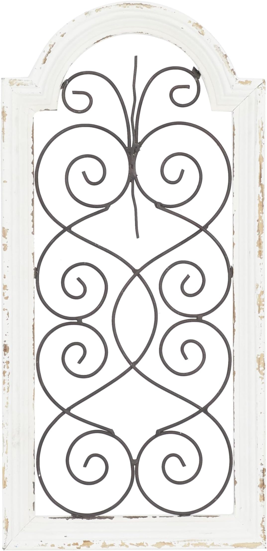 Deco 79 Wood Scroll Home Wall Decor Arched Window Inspired Wall Sculpture with Metal Scrollwork Relief, Wall Art 10" x 1" x 20", White