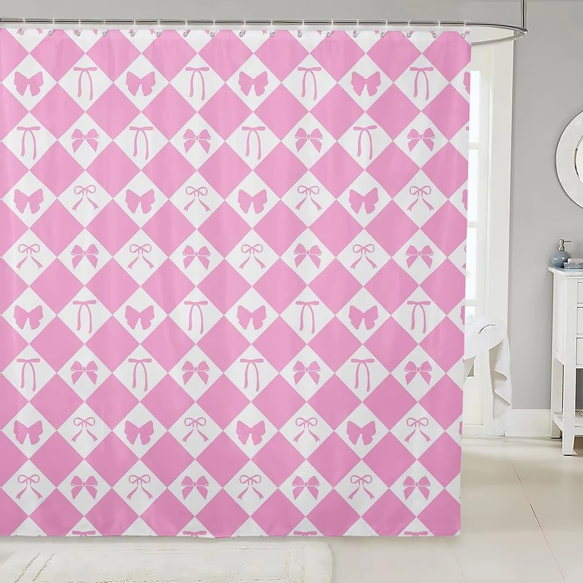 KELAIMI Cute Coquette Style Geometric Shower Curtain,Argyle Bow Bathroom Curtains with Hooks,Simple Waterproof Polyester Fabric Bathtub Curtains Pink 90X180Cm