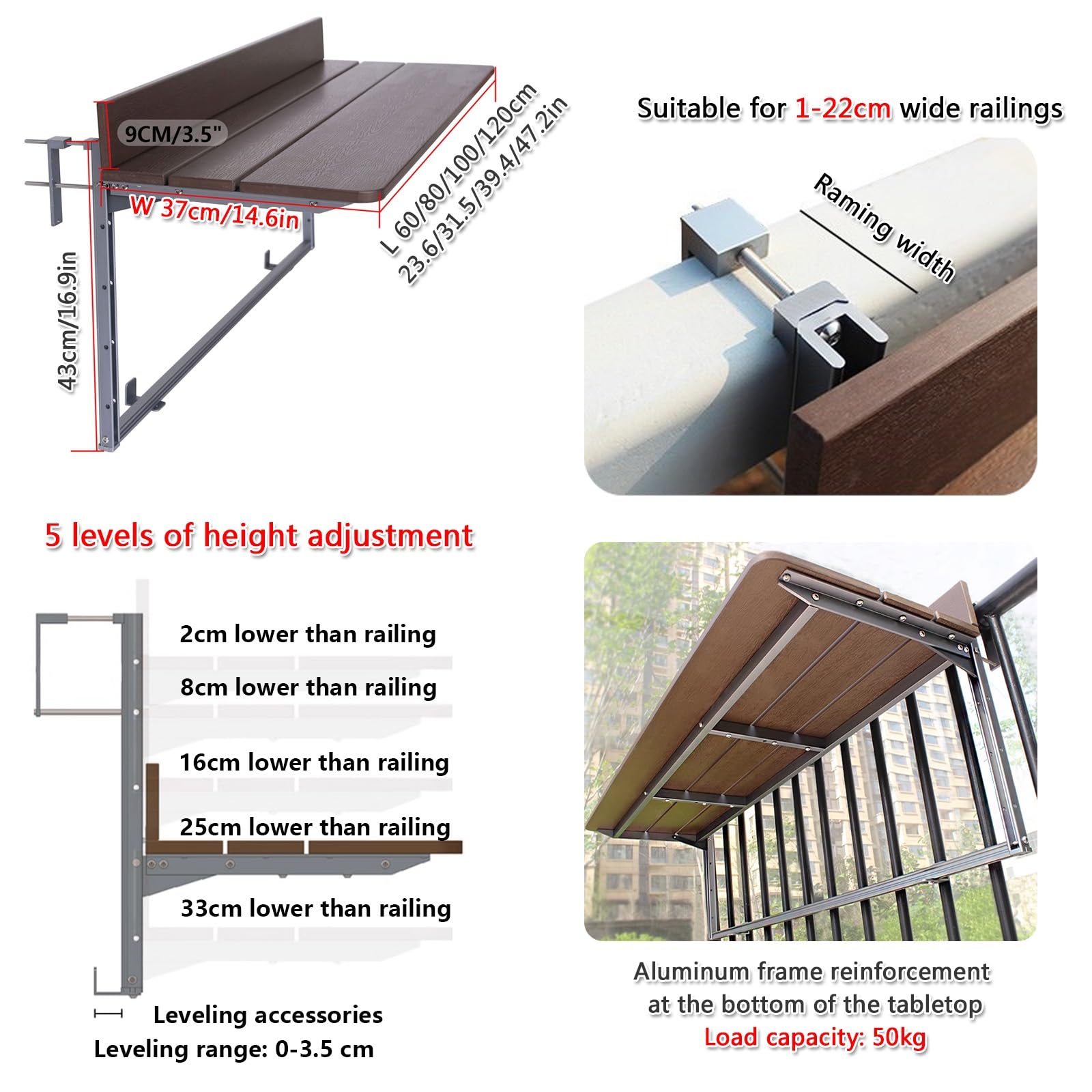 Tavolo for ringhiera del balcone,tavolino da balcone,tavolino da balcone esterno,Tavolo da ringhiera regolabile for balcone sospeso,Adatto a ringhiere larghe da 1 a 22 cm(L100*w37cm/L39.4*W14.6IN)