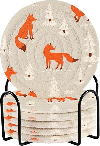 Winter Forest Foxes - Paquete de 6 posavasos de algodón tejido absorbente, decoración de barra de café, 3.94 pulgadas