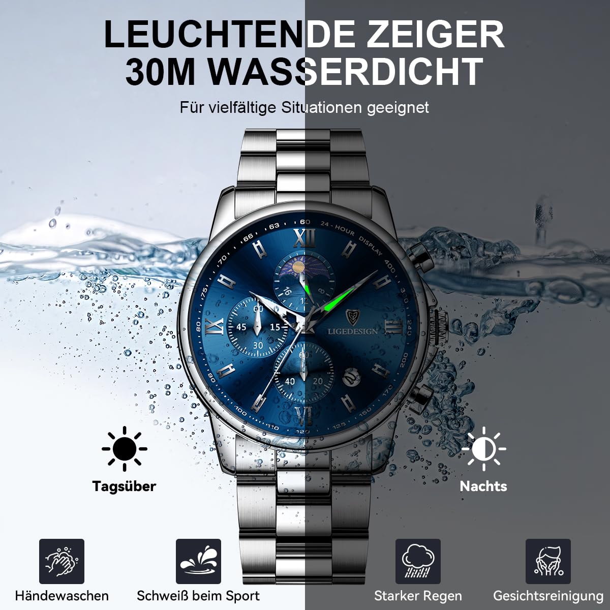 LIGE Herrenuhr Analog Quarz Chronograph - Klassische Armbanduhr Mondphase