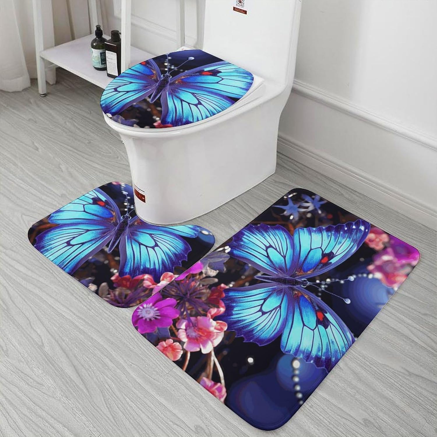Anti-Skid Floor Mats 3 Piece Set,Beauty Butterfly Printed Coral Fleece Bathroom Mats U-Shaped Contour Mat Toilet Seat Cover for Bathroom, Tub, Shower, Kitchen 19.7"x31.5"