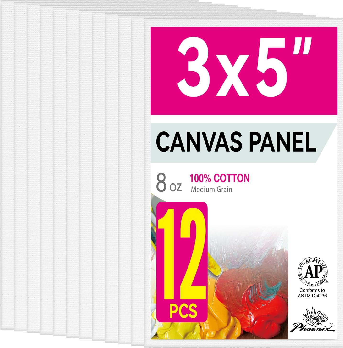 PHOENIX Small Painting Canvas Panels 3x5 Inch, 12 Value Pack - 8 Oz Triple Primed 100% Cotton Acid Free Canvas Boards for Painting, White Blank Flat Canvas Boards for Acrylic, Oil Paints