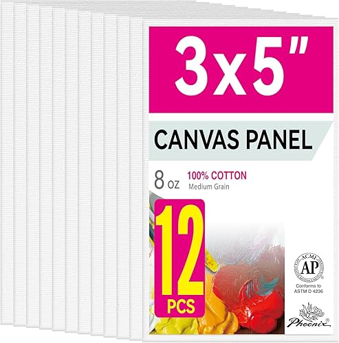 PHOENIX Paneles de Lienzo Pequeños para Pintura de 3x5 Pulgadas, Paquete de Valor de 12 Unidades - 8 Oz Triple Imprimado 100% Algodón Libre de Ácido