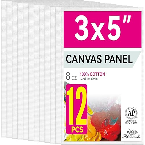 PHOENIX Small Painting Canvas Panels 3x5 Inch, 12 Value Pack - 8 Oz Triple Primed 100% Cotton Acid Free Canvas Boards for Painting, White Blank Flat Canvas Boards for Acrylic, Oil Paints