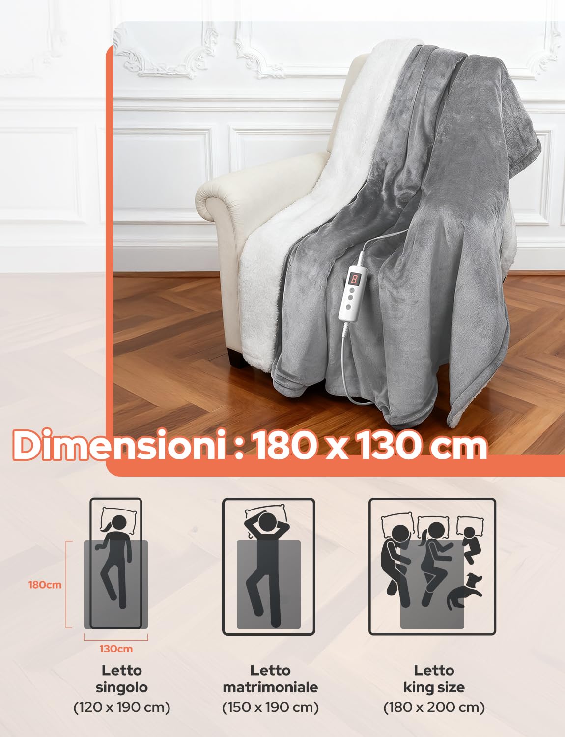 Coperta Termica Elettrica 180x130cm,Schermo LED-10 Livelli Temperatura,9 Impostazioni di Timer,Microfibra+Pile di Agnello,Lavabile,Riscaldamento Rapido,Spegnimento,Automatico-Grigio Chiaro