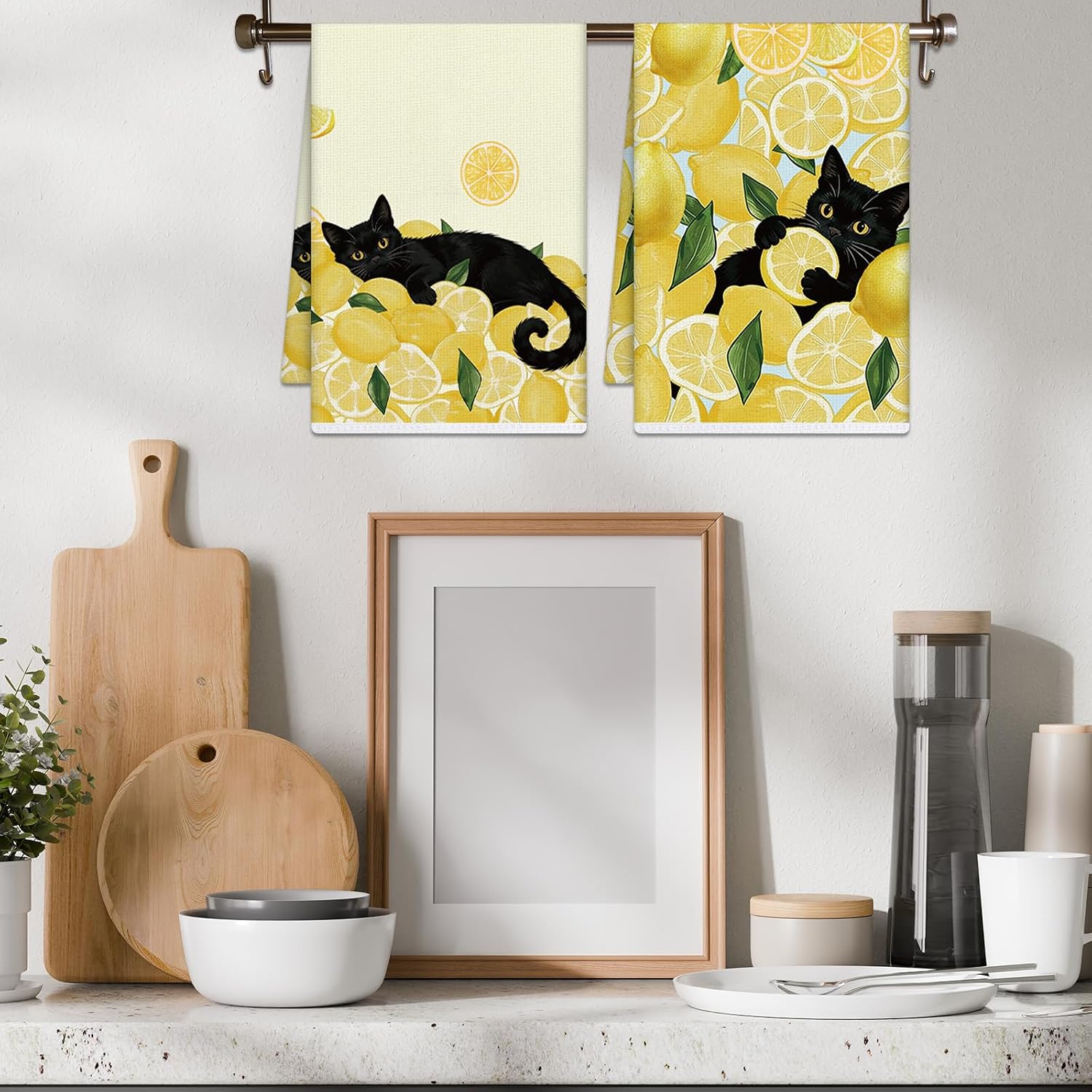 Lemon Kitchen Towels Set of 4, Yellow Lemon Black Cat Dish Towel