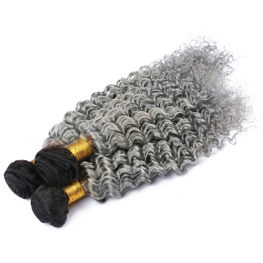 Cloud Hair Two Tone Color Silver Grey Deep Wave Brazilian Virgin Hair Extensions 3Pcs Unprocessed Ombre 1B Grey Deep Wave Hair Weft 3Bundles 10-30 Inch (16 18 20 inch)