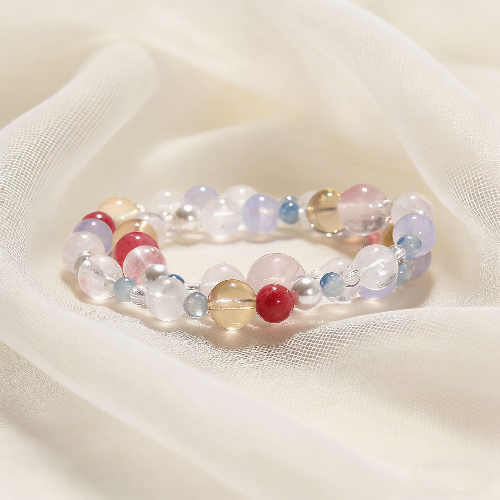 Bracciale in Cristallo Blu, Quarzo Rosa Rosa e Quarzo Trasparente – Gioielli con Pietre preziose multipietra per la Comunicazione Calma, L'Amore per se Stessi e l'amplificazione