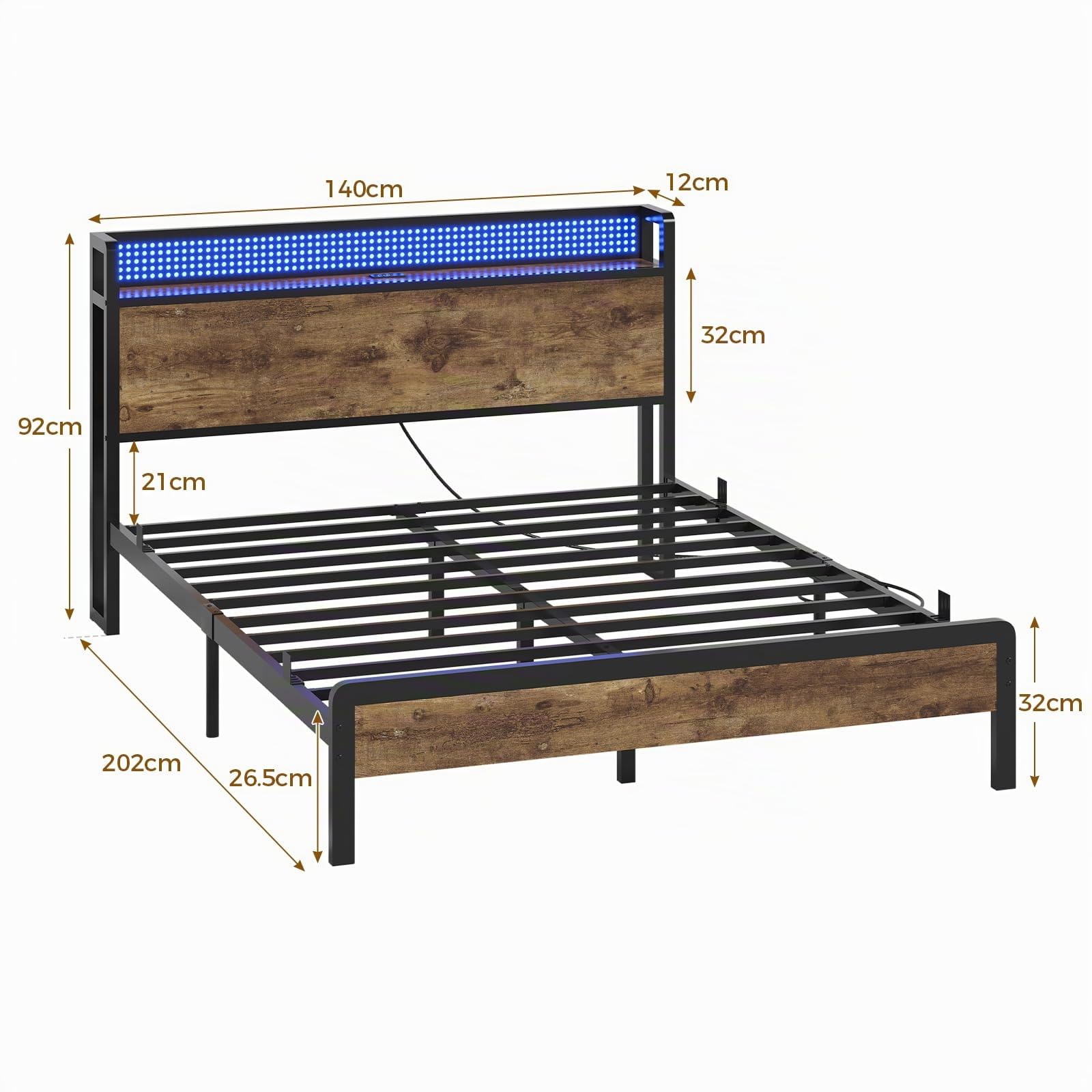 Lit 140x200 avec Sommier et Rangement, Cadre de Lit 140x200 en Métal avec Éclairage LED Réglable et Multiprise, Tête de Lits avec Panneau Perforé, Lits Double Style Industriel Marron Rustique