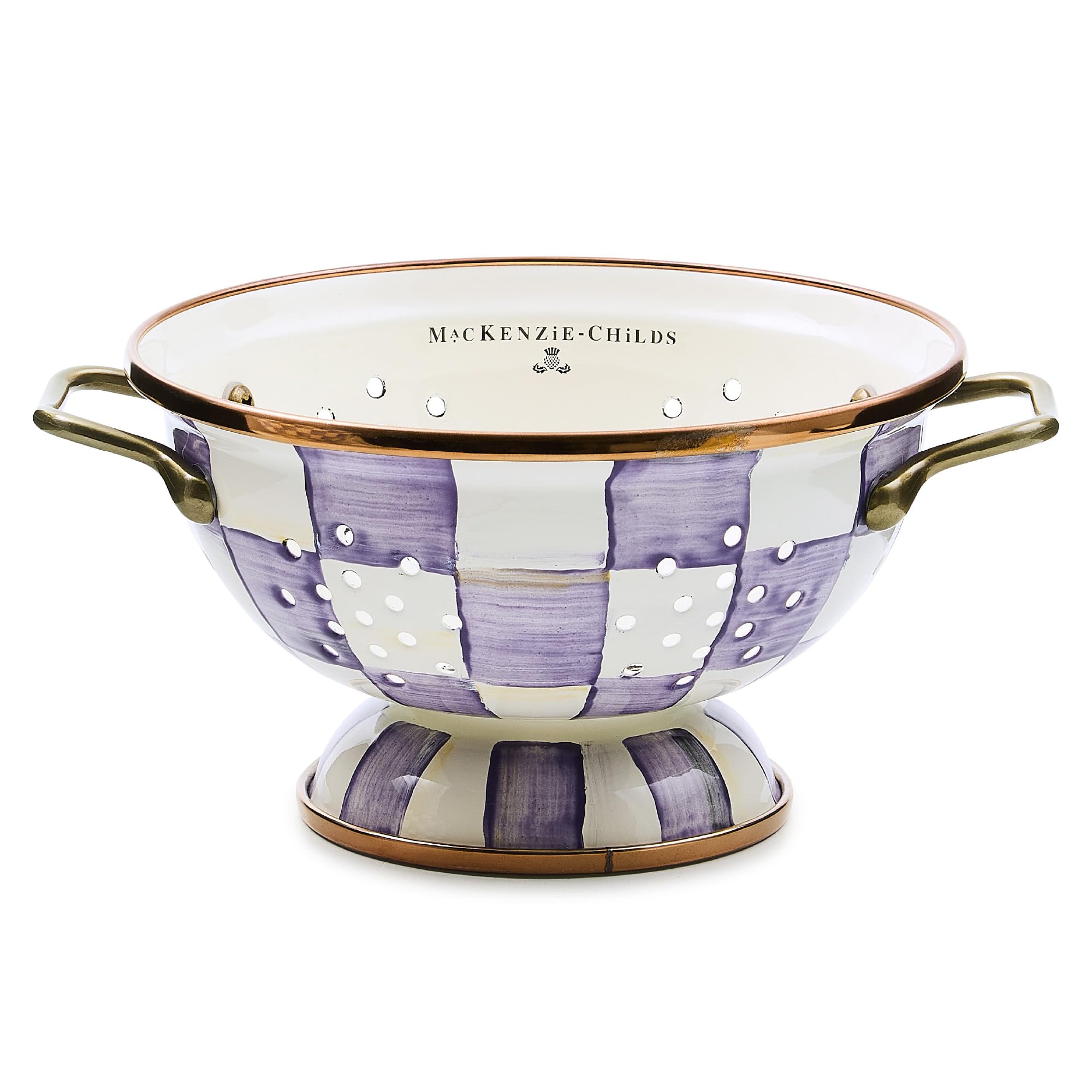MACKENZIE-CHILDS Enamel Colander, Decorative Kitchen Strainer, Small, Purple-and-White Violet Check