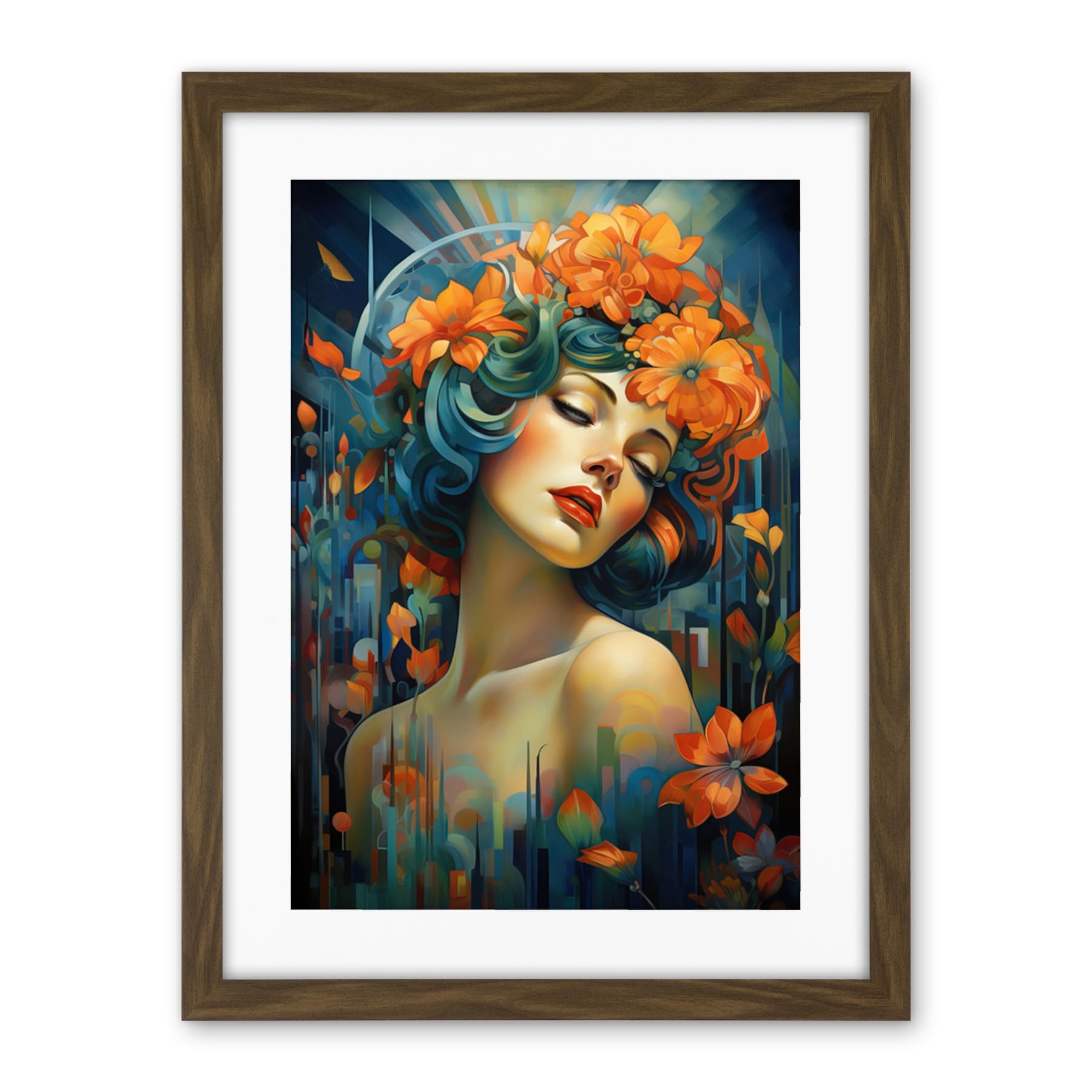Artery8 Woman Portrait with Flowers Modern Art Deco Vibrant Artwork Orange Blue Floral Headband Artwork Framed Wall Art Print 18X24 Inch