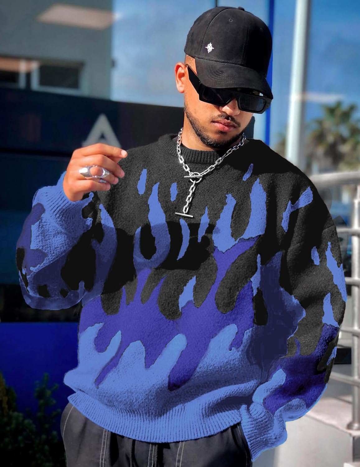 ZAFUL Mens Y2K Aesthetic Flame Graphic Casual Sweater Loose Knit Jumper Pullover Long Sleeve Crewneck Sweaters - Image 2