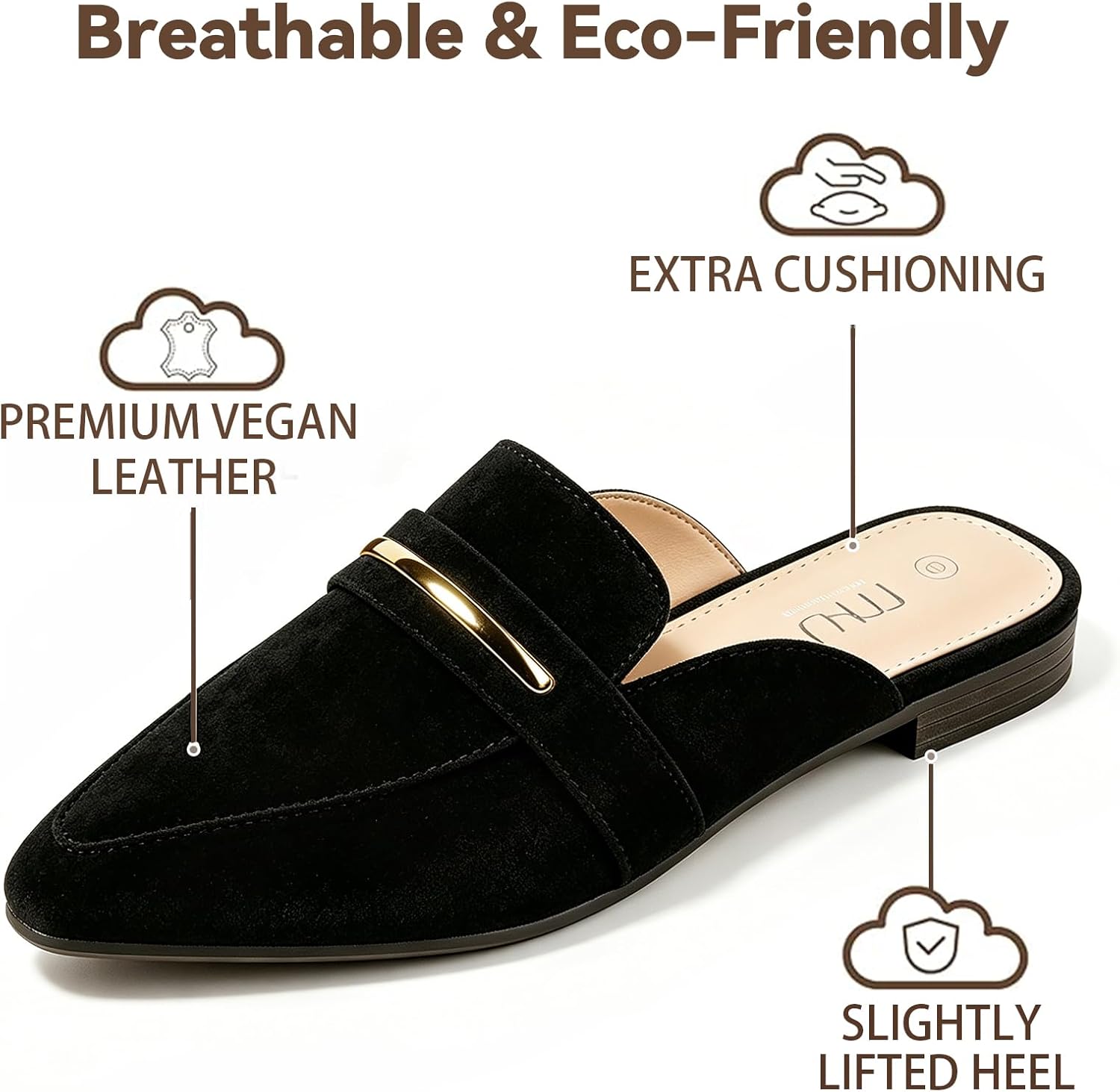 MUSSHOE Comfortable Work Women's Mules - Casual Slip on Black Suede Backless Loafers-Office Business Teacher Dressy Flats 2025 for Professional​ Women
