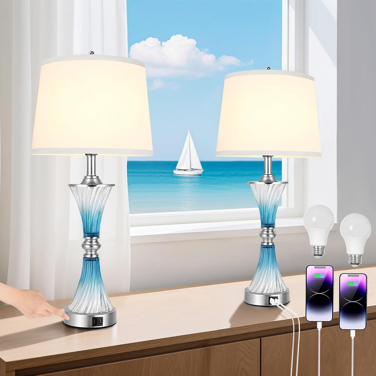 Blue Glass Nightstand Lamps, Bedside Lamps with USB-C/A Ports, 27’’ Table Lamps for Bedroom, 3 Way Dimmable Touch Lamps for Living Room Set of 2 - LED Bulbs Included