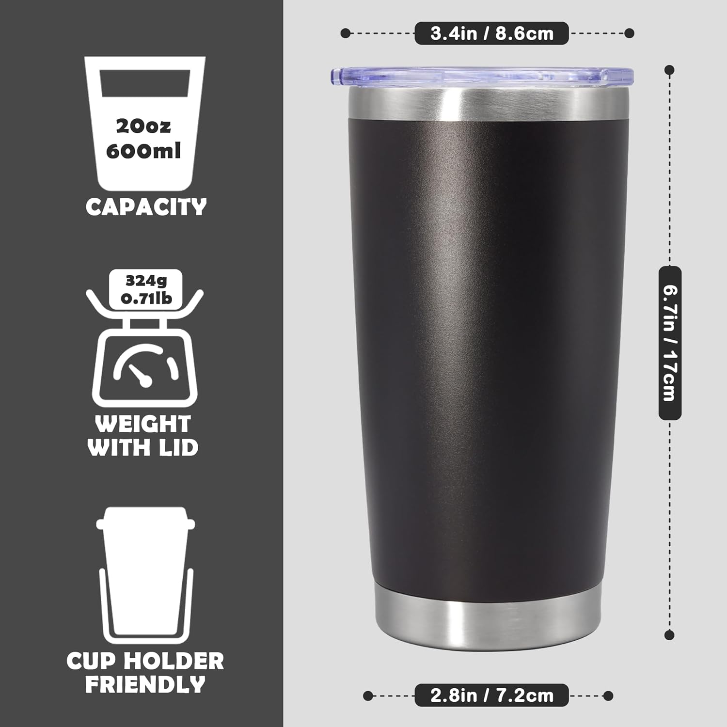 20oz Tumbler Bulk Stainless Steel Tumbler Cup with Lid Vacuum Insulated Double Wall Travel Mug, Durable Powder Coated Travel Coffee Tumbler Mug for Hot & Cold Drinks, Black,8 Pack - Image 4