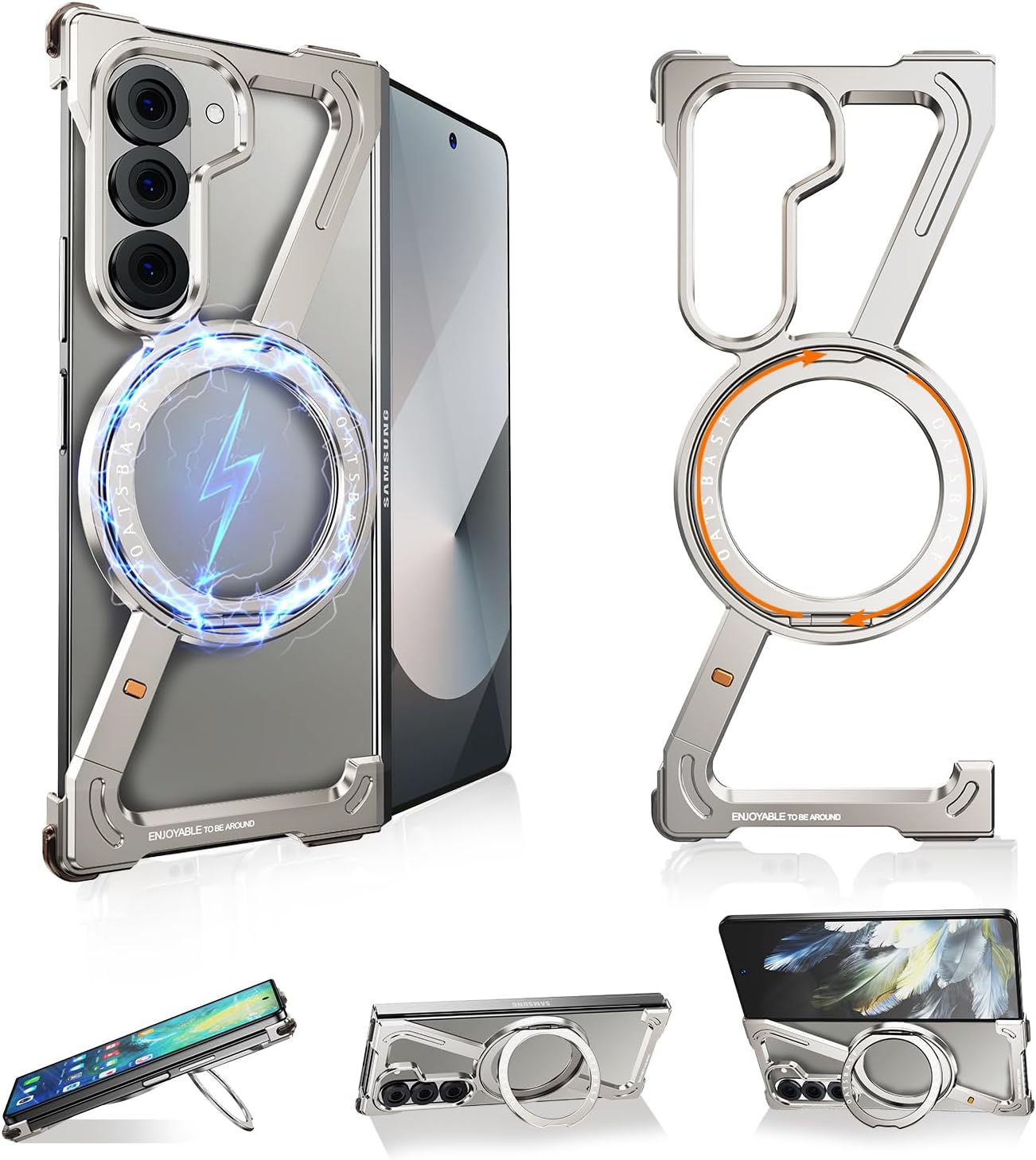 Z Shape Frameless Case for Samsung Galaxy Z Fold 5 Phone Cases Stand,360°Rotatable Magnetic Metal Ring Stand,Minimalist Bezel Less Shockproof Protective Bumper Cover for Z Fold 5(Natural)