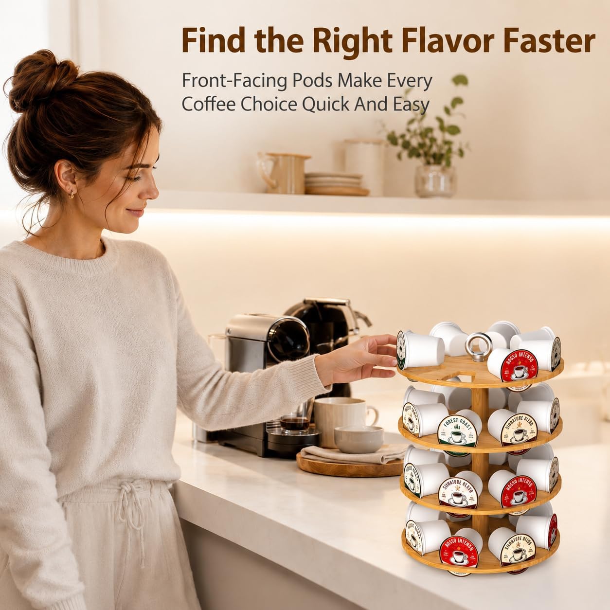 Bamboo Coffee Pod Holder Carousel, 4-Tier Rotating Coffee Pod Organizer for Countertop, Holds Up to 32 Pods, Smooth Bearing Base, Coffee Station Organizer, Compatible with K-Cup Pods /Vertuoline Pods