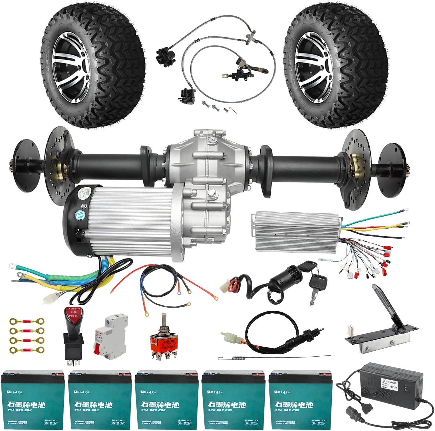 Complete 60V 2500W Electric Drive Axle Kit - 43" Rear Differential with Brushless Motor, Controller, Batteries & Wheels for Go Kart, ATV, Buggy DIY Conversion