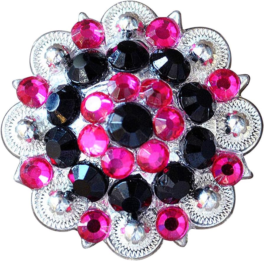 HILASON Set of 16 Black Hot Pink Crystal Berry Headstall Saddle Cowgirl| Slotted Conchos | Leather Screw Back