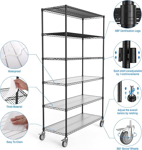 Miniatura 4 de NSF - Estantería de alambre de metal resistente de 6 niveles, capacidad de 6000 libras, ajustable, con ruedas de 5 pulgadaspies de nivelación y