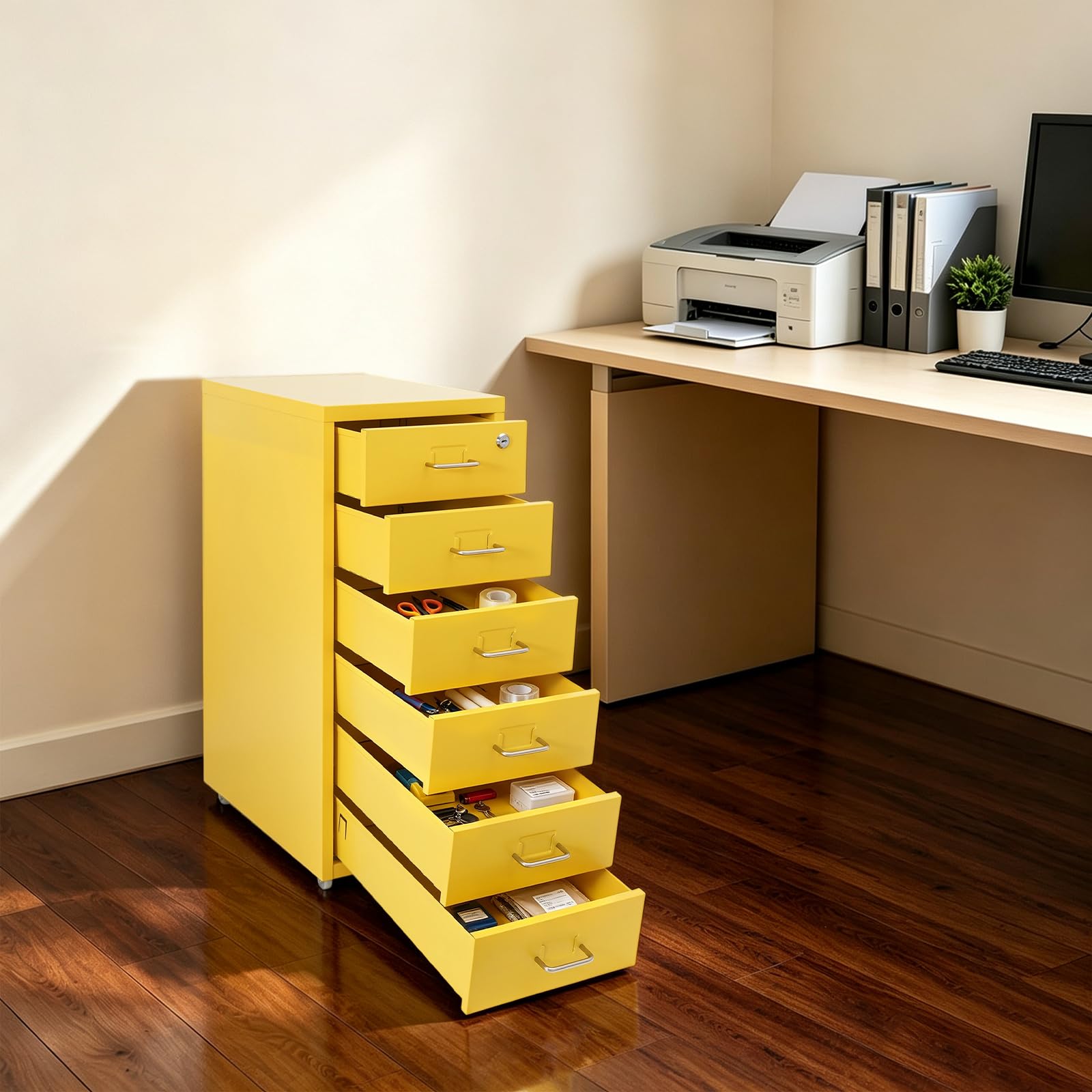 Armadietto mobile con 6 cassetti, con serratura, per ufficio | Contenitore da ufficio in acciaio, 8-10 kg per scomparto, per casa, ufficio, 28 x 41 x 69 cm, giallo