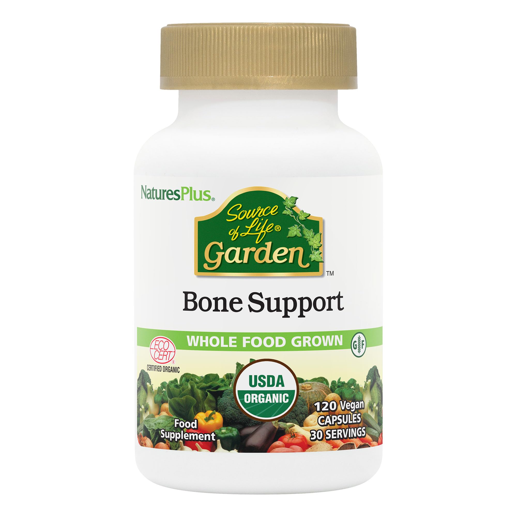 NaturesPlus Source of Life Garden Bone Support - Organic AlgaeCal Calcium and Magnesium with Vitamin D3, K2, C, Trace Minerals - Gluten Free, Vegan - 120 Capsules