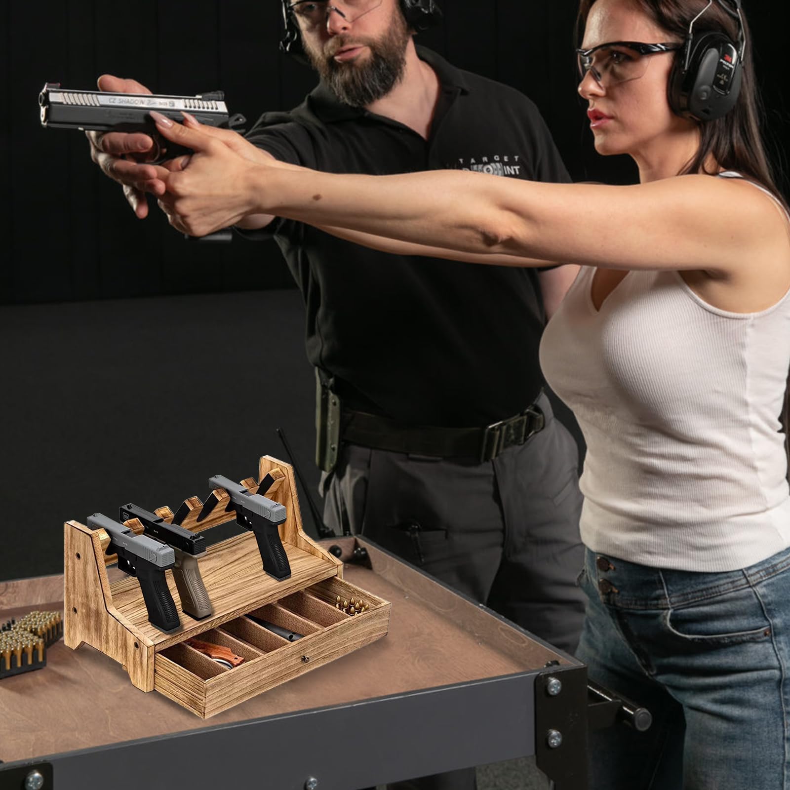 Pistolenregal, Spielzeug-Pistolenständer mit Kleiner Aufbewahrungsbox Massivholz-Pistolenständer für die Aufbewahrung von Pistolen, Sichere Pistolenaufbewahrung, Fasst 4 Bis 6 Pistolen