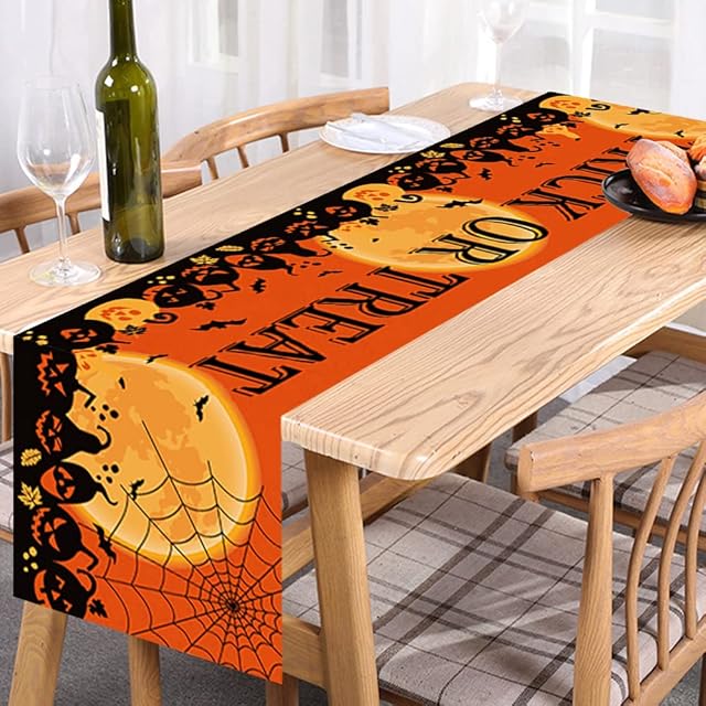 Siqian Halloween Table Runner, Halloween Table Decoration Pumpkins Bat Tablecloth, Orange Linen Table Runner for Halloween Home Party Decor 13.8 x 70.8 Inch
