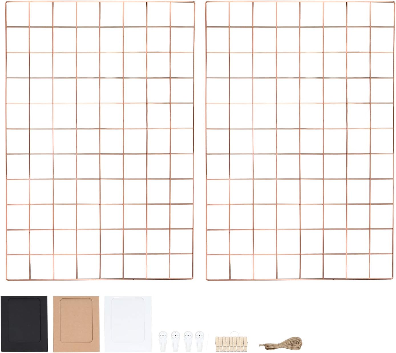 Rose Gold Photo Wall Grid Panel Set of 2 Wire Notice Board Display boards Wire Wall Grid Memo Board Multifunctional Metal Decorative Photograph Wall Hanging Picture Wall Ins Photo Decorations Dorm