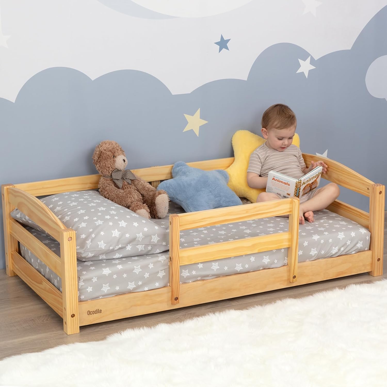 Ocodile Toddler Bed with Rails | Low Montessori Floor Bed Frame for Kids | Standard Crib Size Wooden Frame for Independent Toddlers 1-3 - Varnished