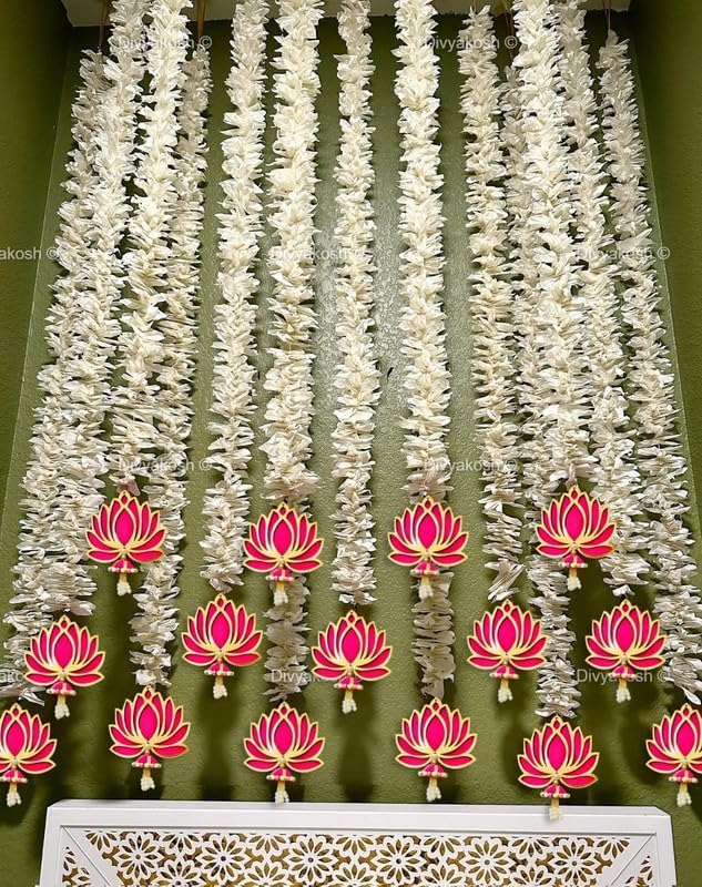 Divyakosh Wood Lotus Hanging 7 Pcs With White Artificial Flowers, 3 Ft Each, Handmade Wall Decoration Lotushanging | Floral Wall Hangings For Temple Décor,Home Decor,Diwali & All Festival Décor 1