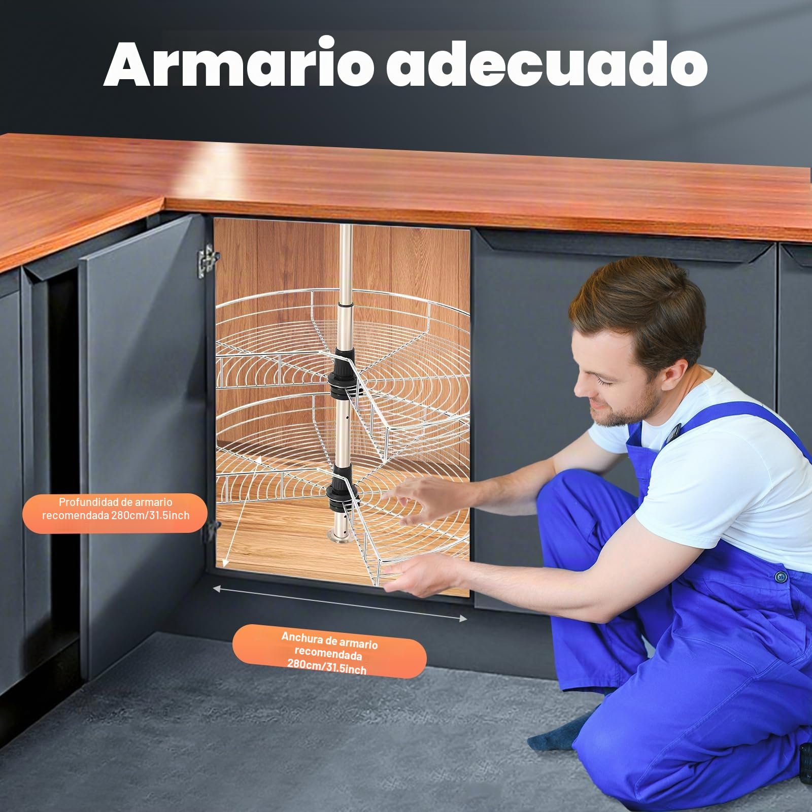 Organizador de armario de esquina, giratorio 270°, altura regulable (54,4-77 cm), plata, hierro, 2 niveles, redondo, 71 cm de diámetro, capacidad de carga de 8 kg por cesta