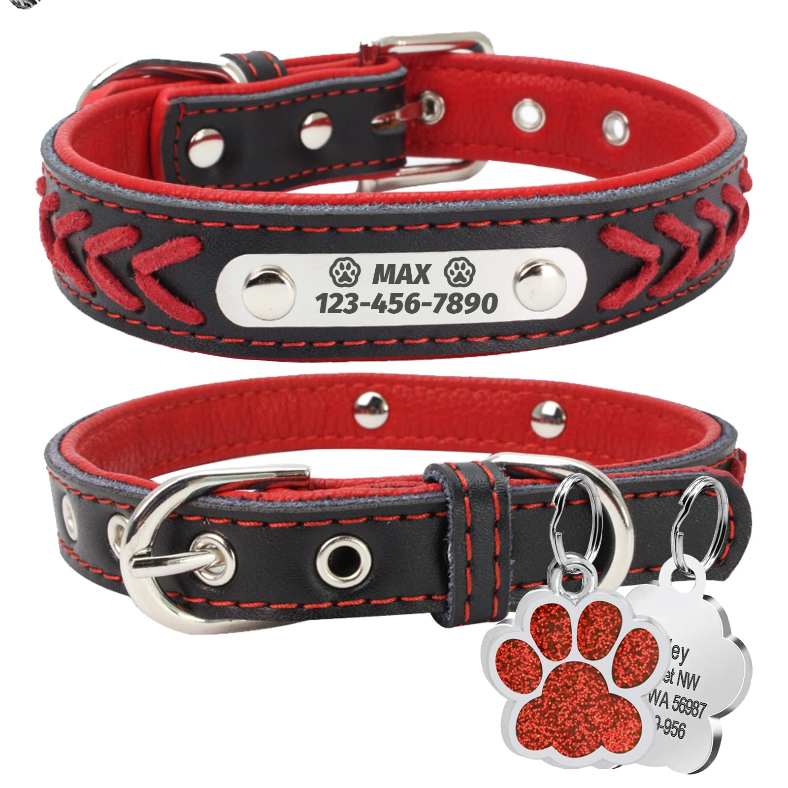 LINMAGCO Collar de perro personalizado reflectante con campanas de cuero suave, duradero y ajustable, con placa de identificación grabada para perros pequeños, medianos y grandes, color rojo