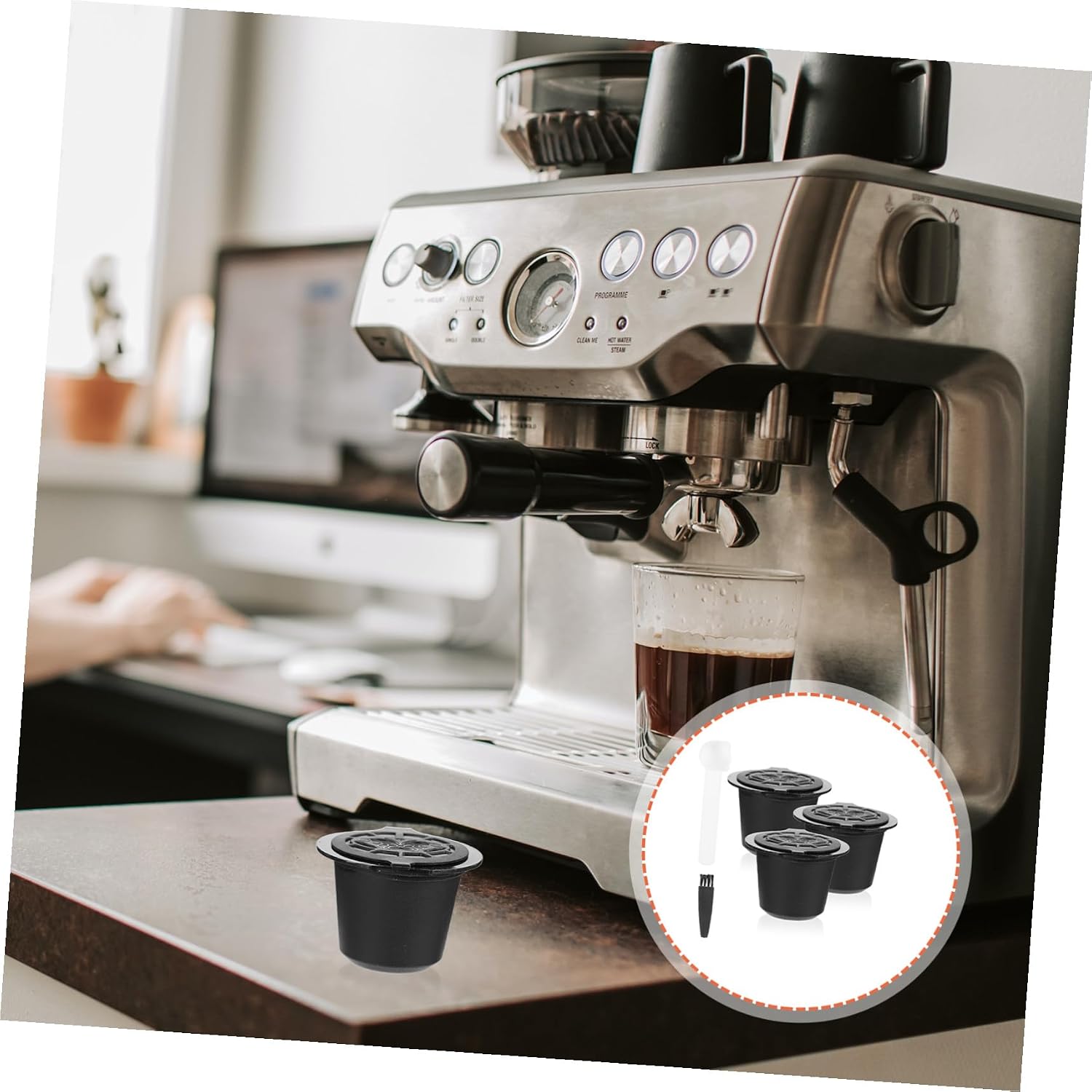 Reusable Coffee Filter Cup with Brush Spoon Household Coffee Strainer for Capsule Machines Black Cups