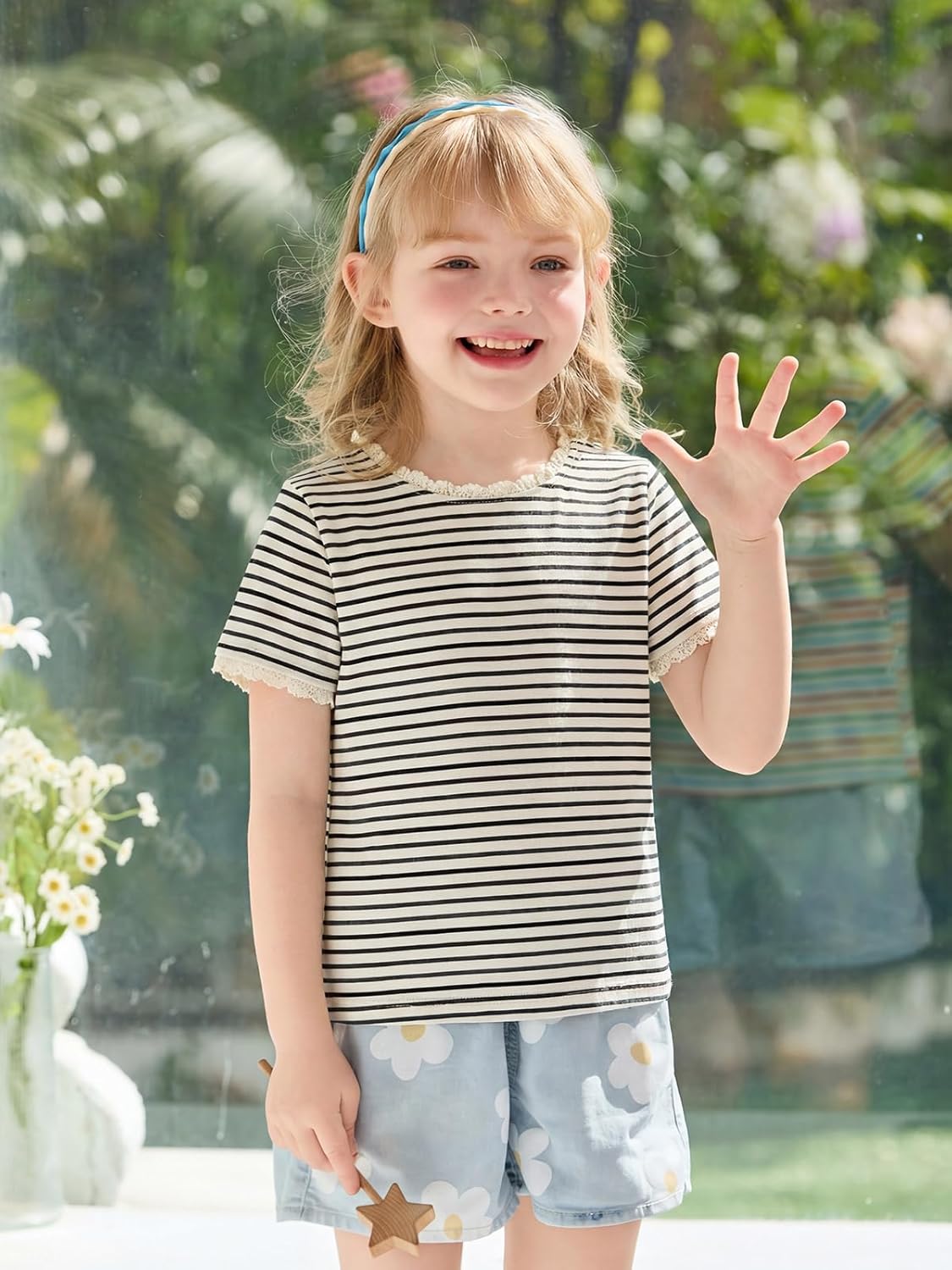 Haloumoning Toddler Baby Girls Striped Short Sleeve T-Shirts Kids Ribbed Knit Ruffle Trim Tops Tees Blouse 9M-8Y - Image 4