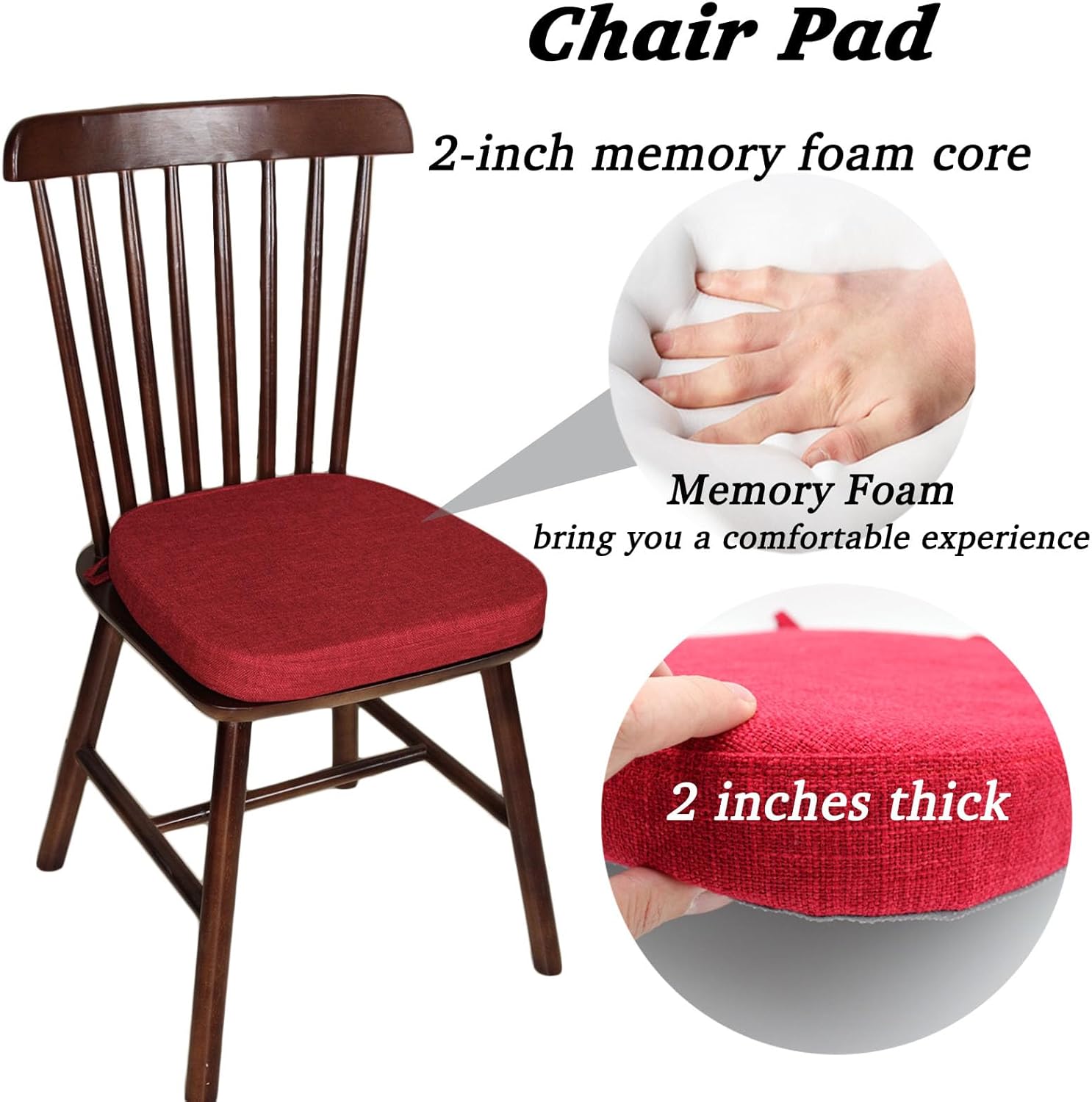 Dining Room Chair Cushions with Ties - Thick Memory Foam Indoor Seat pad,Dining Room Cushion with Machine Washable Cover [15 X 15 X 2 Inches] -(Red,4)