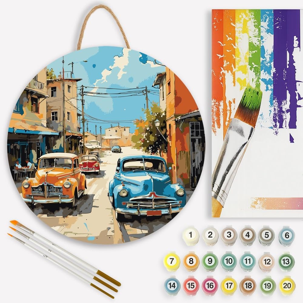 Vintage Cars Street View Paint by Numbers Kit for Adults on Wood Board – DIY Colorful Classic Cars Wood Craft Painting Kit, 12 in Round, Acrylic Paint Set, Beginner-Friendly, Relaxing Home Decor Gift