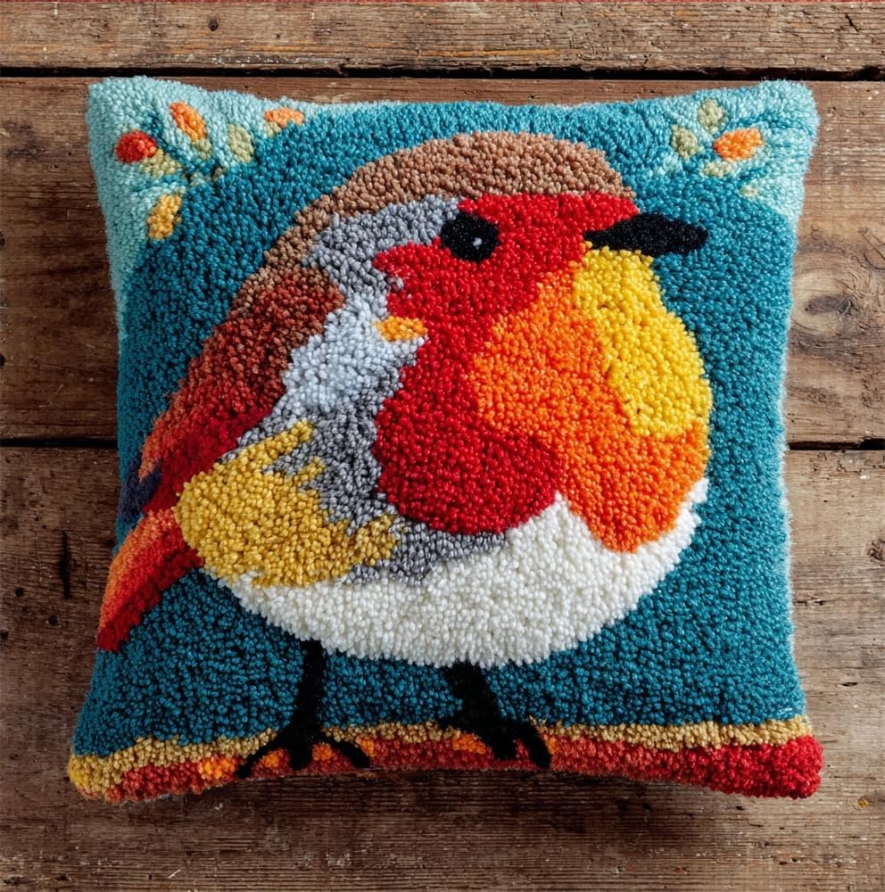kitphoenix Latch Hook Kits, Latch Hook Kit for Beginners Robin Pattern Throw Pillow Cover Pattern Printed Sofa Cushion Crochet Needle for Carpet Embroidery 17X17Inch