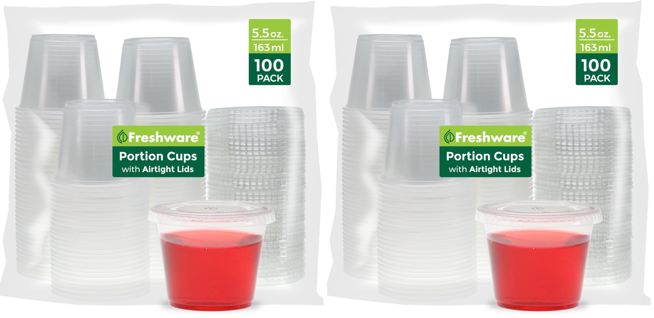 Freshware Plastic Portion Cups with Lids [5.5 Ounce, 100 Sets] Souffle Cups, Jello Shot Cups, Condiment Sauce Containers For Sampling, Sauce, Snack or Dressing (Pack of 2)