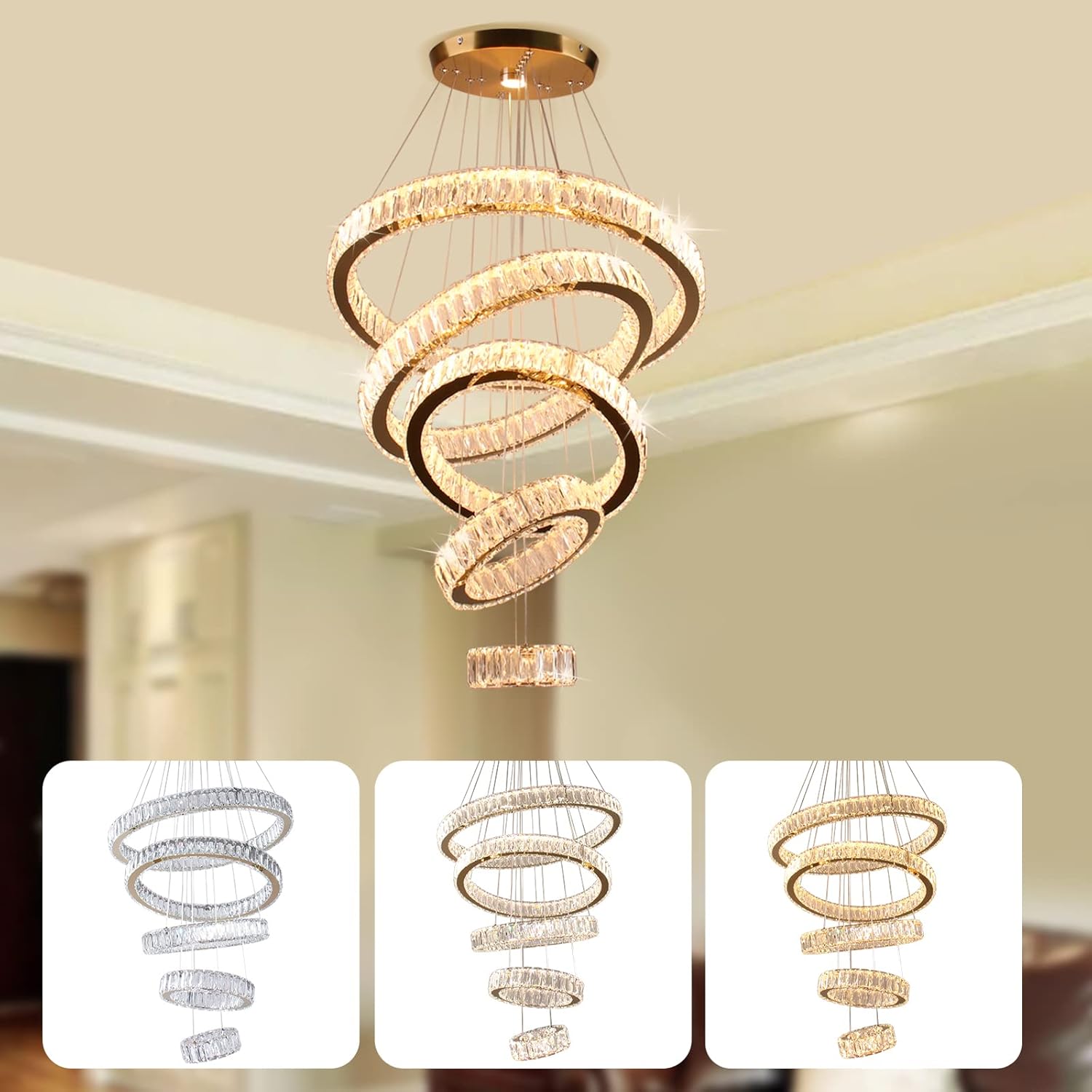 Dixun Dimmable LED Chandeliers Big Crystal Chandeliers Modern 5 Rings Pendant Light Adjustable Height Ceiling Lamp for Bedroom Dinning Room Living Room Kitchen (Titanium Gold)