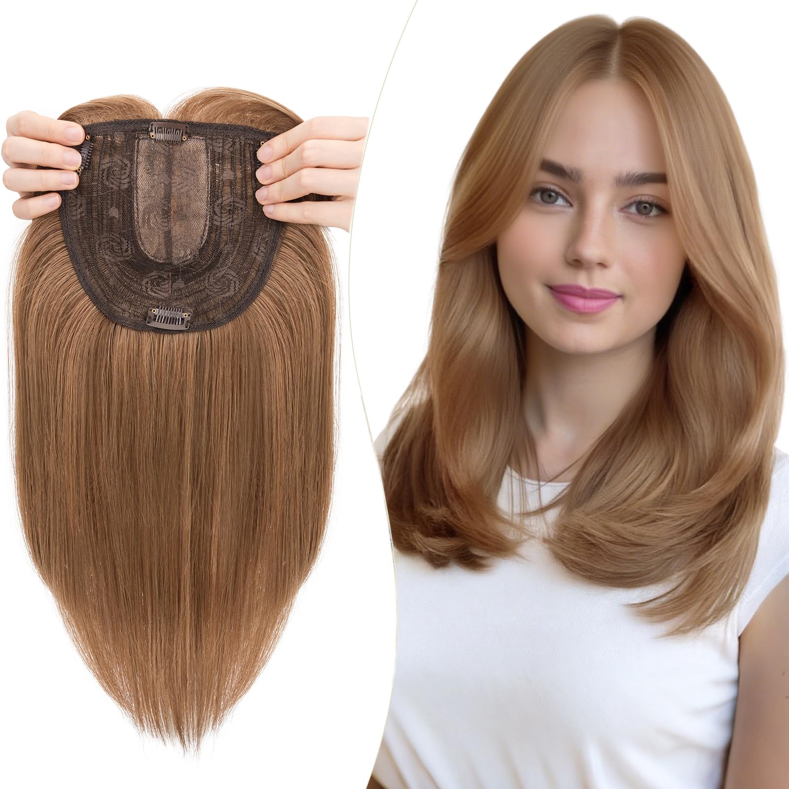 Elailite Hair Topper Donna Clip in con Frangia per Capelli Castano Chiaro/Dorato Intenso, Posticci con Clips Middle Parting Toupet Toupee Protesi 35cm 120g (Base 15cm*15cm)