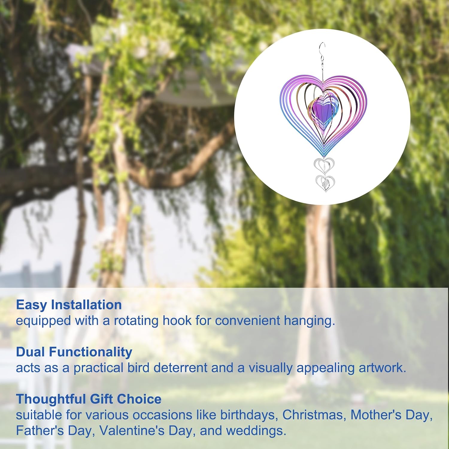 HARFINGTON Wind Spinner Heart-Shaped 7.87" x 14.17" Stainless Steel Reflectors Wind Chimes for Outdoor Devices Metal Decorations Keep Birds Away Yard Garden, Blue/Purple