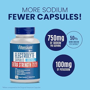 Vitassium Extra Strength Electrolyte Capsules, 750mg of Sodium, Unflavored, 100 Salt Pills (Size 00)