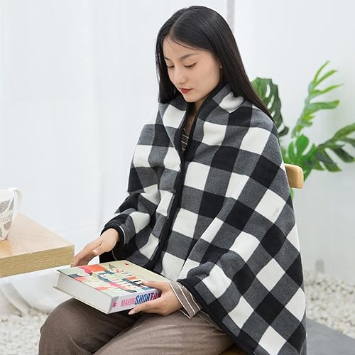 Miniatura 3 de forestfish Manta de Vellón Vestible, Manta de Regazo a Cuadros Poncho Cómodo Tipo Manta con Botones para Cama Sofá Oficina, Negro-Blanco