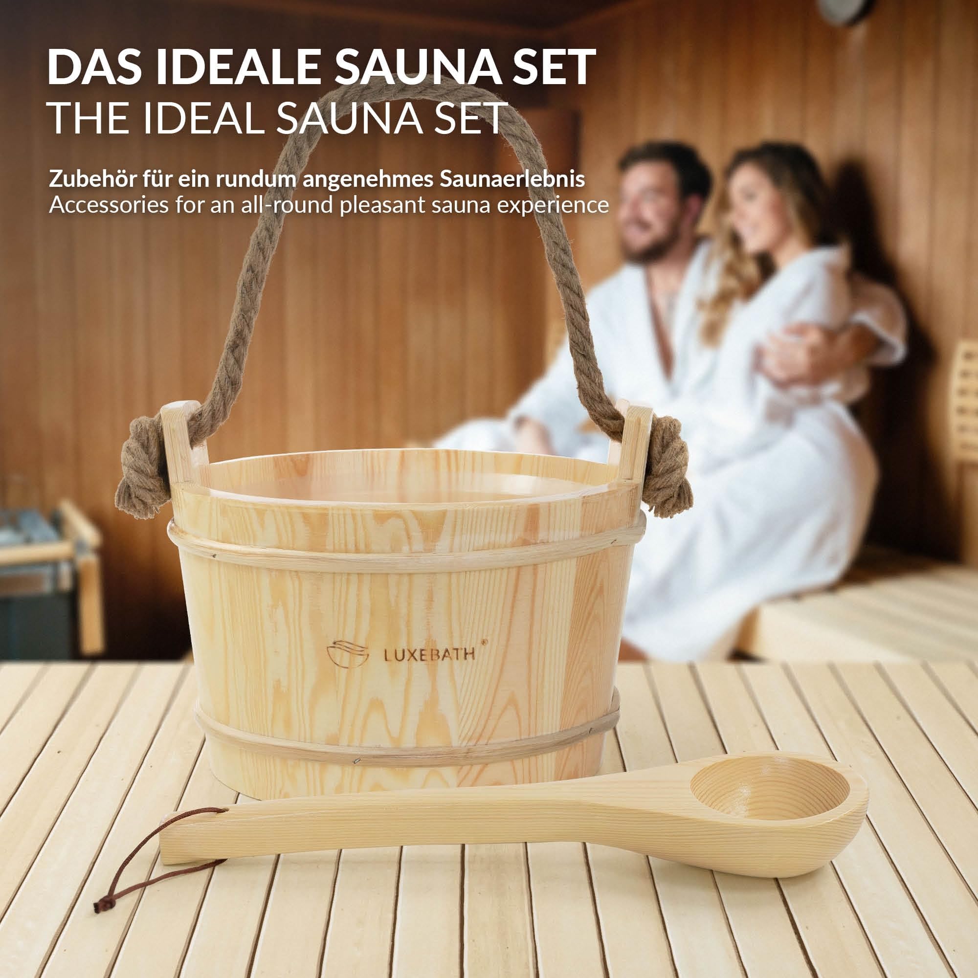 LuxeBath Saunazubehör-Set aus massivem Kiefernholz, Sauna Set 2-tlg, Aufgusskübel mit Kunststoffeinsatz & Schöpfkelle, Saunaeimer 4L mit Seilgriff & Schöpflöffel, Langlebiges Sauna Wassereimer Zubehör