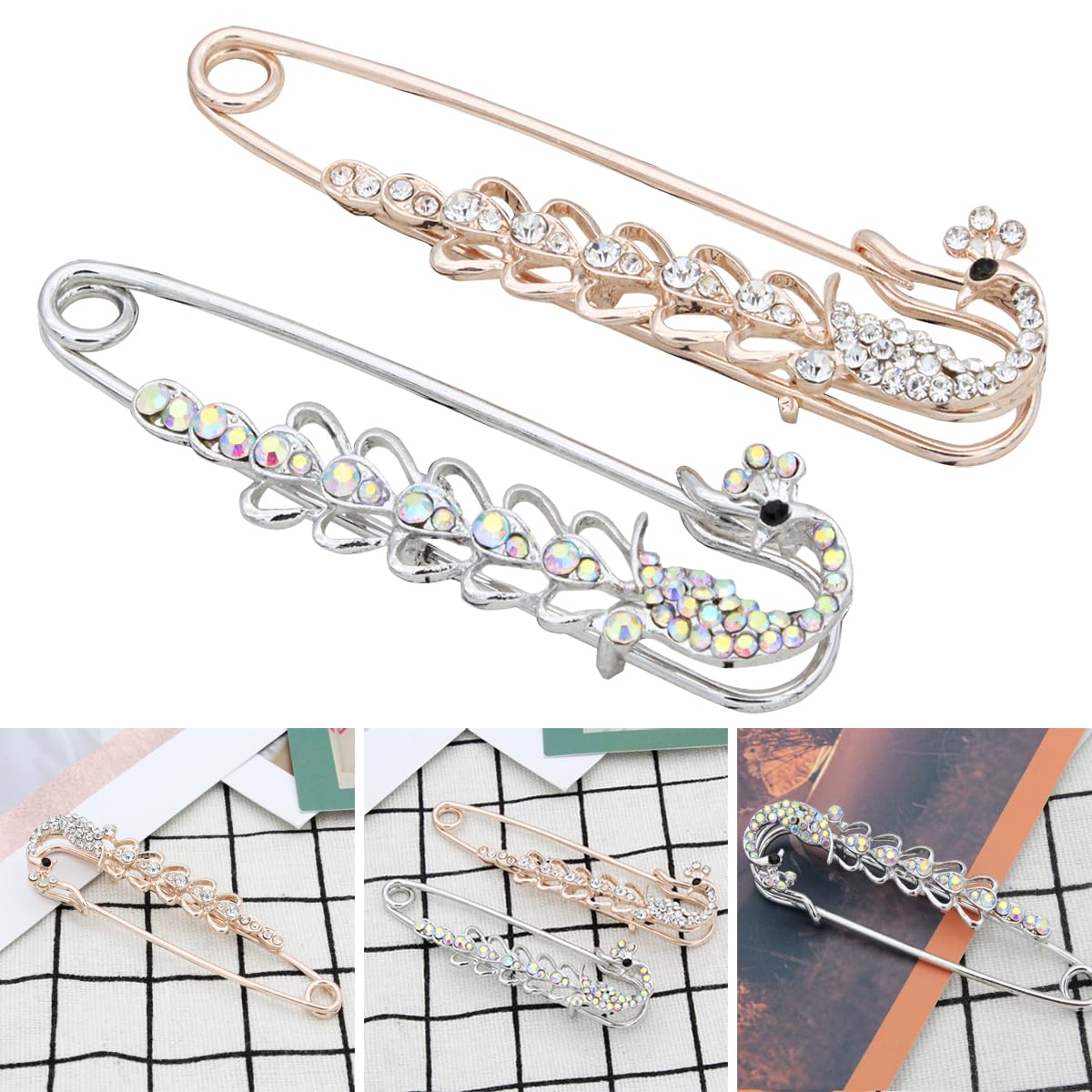 Pofet Women's Golden,Silver 2Pcs Crystal Peacock Charm Safety Pin Brooch Clip Scarf Coat Gown Golden Silver